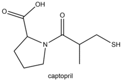 Chemical structure of captopril without chiral centers indicated.