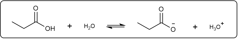 Chemical equation for propanoic acid ionization in water, with hydronium and acetate ions.