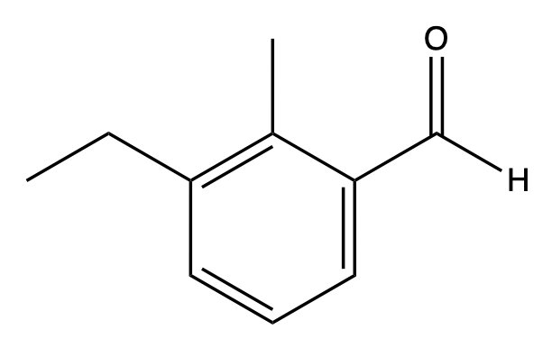 Line-angle formula of 3-ethyl-2-methylbenzoic acid with a hydrogen atom at the carboxylic acid group.