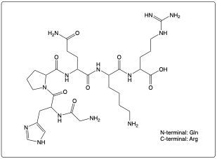 Chemical structure of Gln-His-Pro-Gly-Lys-Arg with N-terminal Gln and C-terminal Arg.