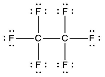 Lewis structure of tetrafluoroethene with four fluorine atoms attached to two carbon atoms.