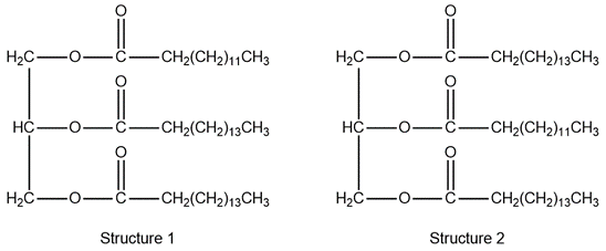 Structures of triacylglycerols showing isomers with myristic and palmitic acid units.