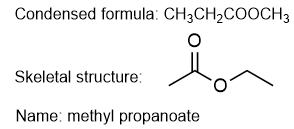 Condensed formula CH3CH2COOCH3, skeletal structure, name: methyl propanoate.