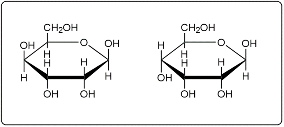 Cyclic structures of alpha and beta anomers of D-galactose in pyranose form.