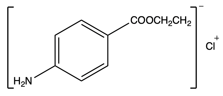 Condensed structural formula of benzocaine hydrochloride with an ethyl ester.