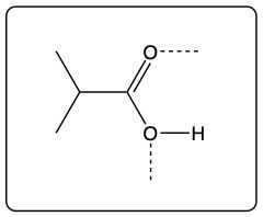 Structure of propionic acid with dashed lines indicating potential hydrogen bonds.
