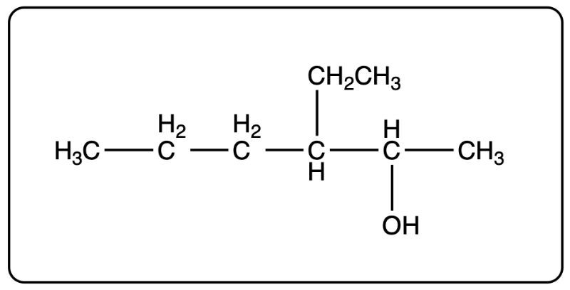 Line-angle structure of 4-ethyl-2-hexanol with carbon and hydroxyl groups.