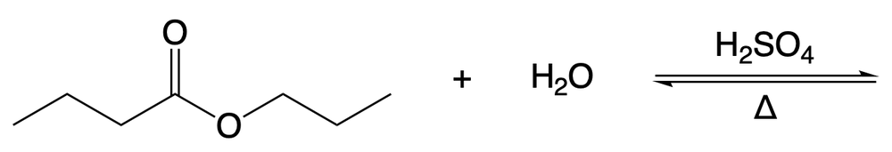 Chemical reaction showing ester hydrolysis with sulfuric acid and water.