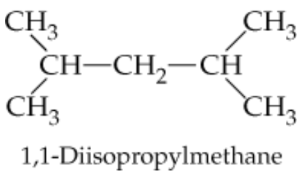 Structural formula of 1,1-Diisopropylmethane with incorrect naming highlighted.