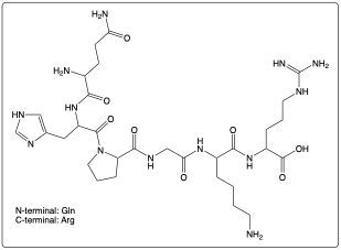 Chemical structure of Gln-His-Pro-Gly-Lys-Arg with N-terminal Gln and C-terminal Arg.