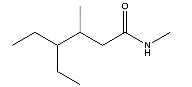 Chemical structure of N,3-diethyl-4-methylhexanamide.