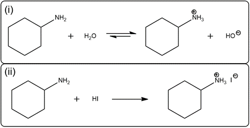 Chemical equations for cyclohexanamine reactions with water and HI.