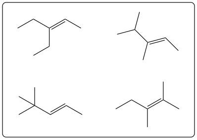 Four chemical structures of alkenes, questioning if they are 7-carbon with a 5-carbon chain.