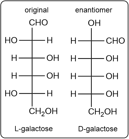 Comparison of L-galactose and its enantiomer D-galactose with labels.