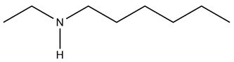 Line-angle formula of ethylpentylamine showing nitrogen with a hydrogen atom.