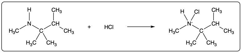 Chemical reaction of an amine with HCl, illustrating the formation of a quaternary ammonium salt.