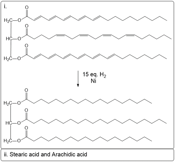 Hydrogenation reaction of stearic acid and arachidic acid with 15 eq. H2 and Ni.