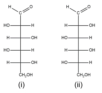 Structural formulas of two carbohydrates labeled (i) and (ii) for D/L isomer classification.