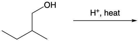 Chemical structure showing an alcohol with OH group and reaction conditions H+, heat.