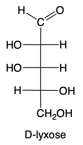 Structural formula of D-lyxose, an aldo-pentose carbohydrate.