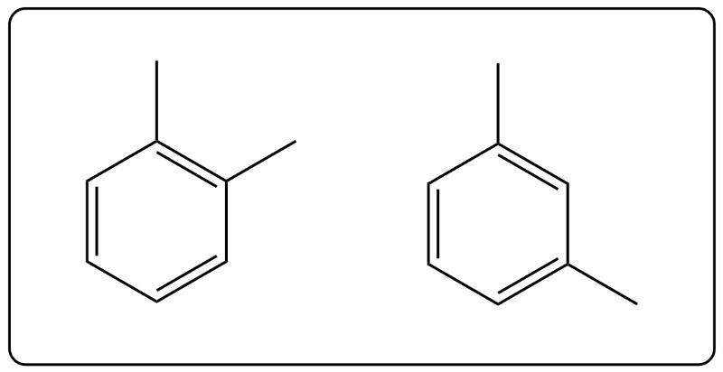 Line-angle structures of two xylene isomers with different methyl group positions on a benzene ring.