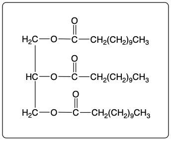 Triester structure formed from glycerol and lauric acid, showing ester bonds.