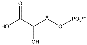 Molecule of 2-phosphoglyceric acid with a chiral center marked by an asterisk.