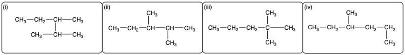 Four structural formulas of alkane isomers with seven carbon atoms and a five-carbon chain.