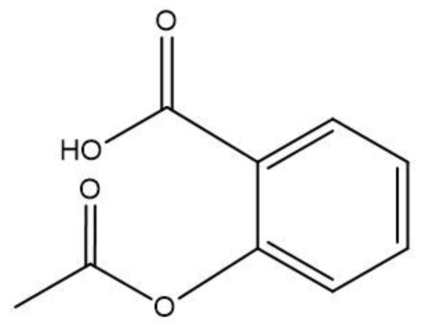 Chemical structure of aspirin showing an ester group formed from ethanoic acid and salicylic acid condensation.