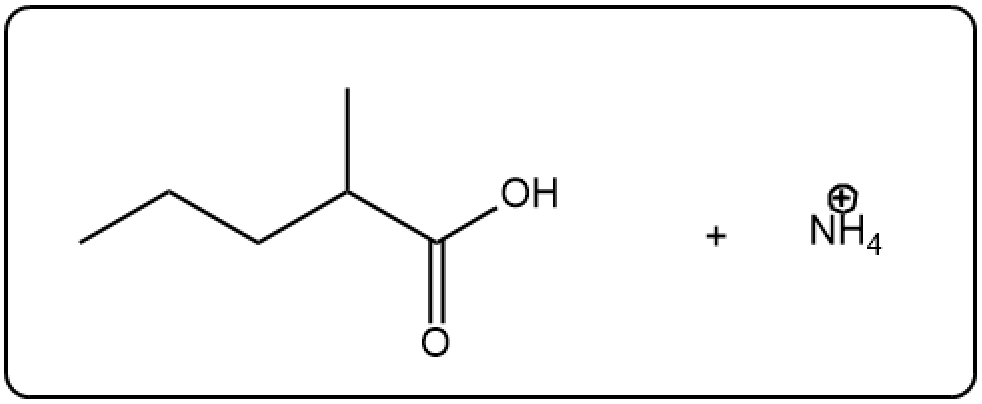 Reaction showing 2-methylpentanamide with NaOH and ammonium ion.