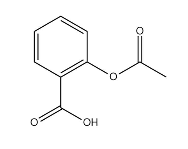 Chemical structure of aspirin, showing no chiral centers marked.