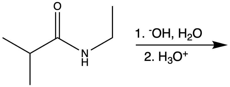 Chemical structure of an amide with hydrolysis reaction conditions.