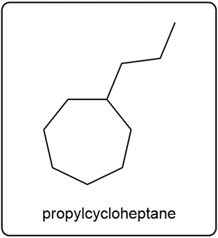 Line-angle structure of propylcycloheptane, a 7-membered cycloalkane.