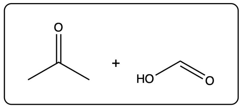 Chemical structure showing ethyl acetate and an acid-catalyzed product.