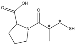 Captopril structure with two chiral centers marked with asterisks.