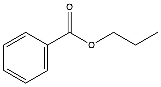 Chemical structure of propyl benzoate, an ester, for naming practice in organic chemistry.