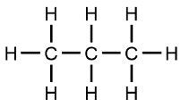 Structural formula of a straight-chain alkane with six carbon atoms.