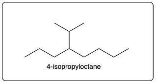 Bond-line structure of 4-isopropyloctane with its name labeled.
