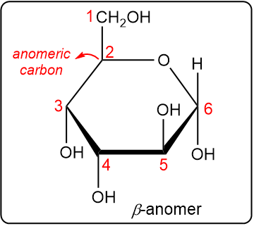 Cyclic structure showing carbon numbering and anomeric carbon for beta anomer.