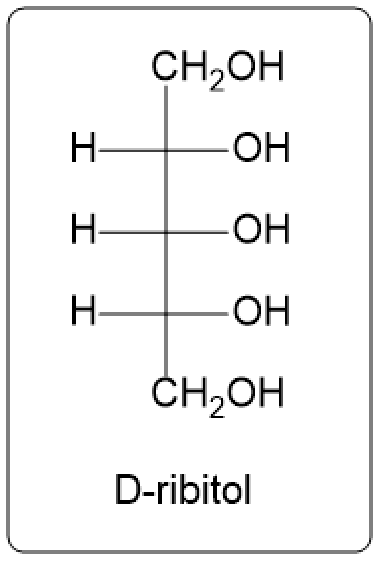 Fischer projection of D-ribitol, a sugar alcohol derived from D-ribose.