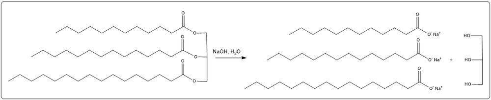 Base-catalyzed hydrolysis of triacylglycerol with sodium ions producing palmitic, lauric, and myristic acid derivatives.