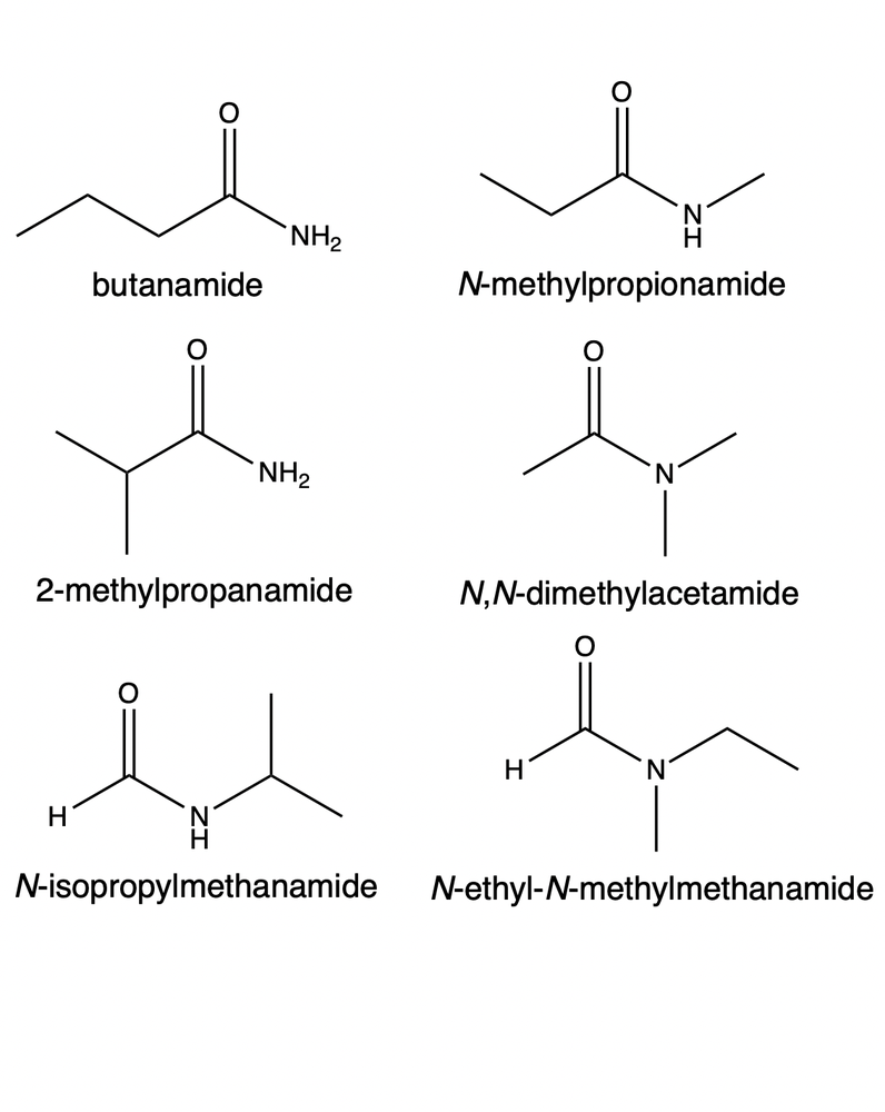 Illustration of amide isomers for C4H9NO with their IUPAC names.