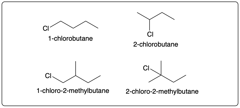 Skeletal structure of 1-chlorobutane, an isomer of C4H9Cl.