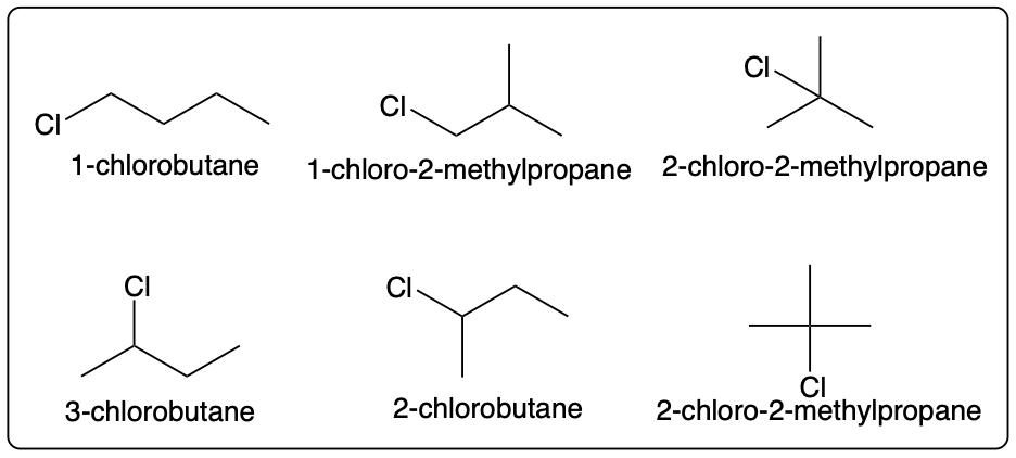 Skeletal structure of 2-chloro-2-methylpropane, an isomer of C4H9Cl.