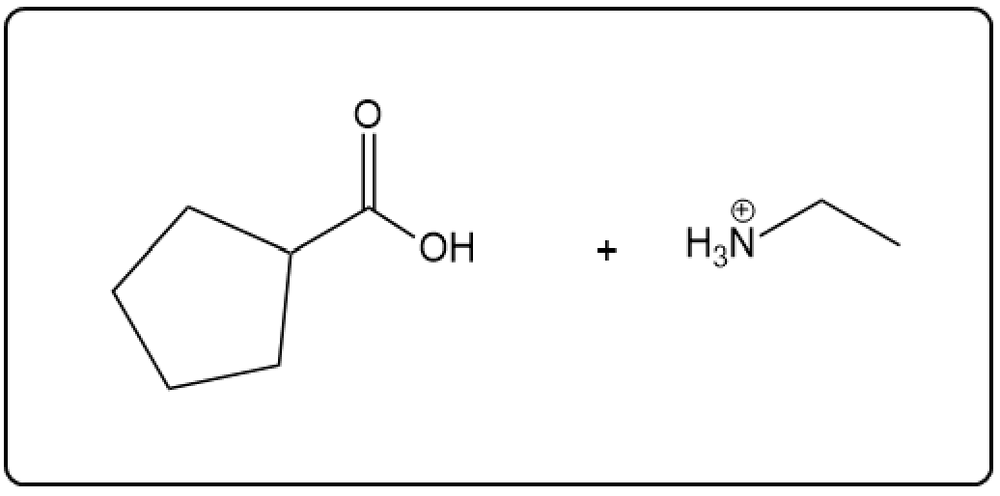 Hydrolysis reaction with cyclopentanecarboxylic acid and ammonium ion.