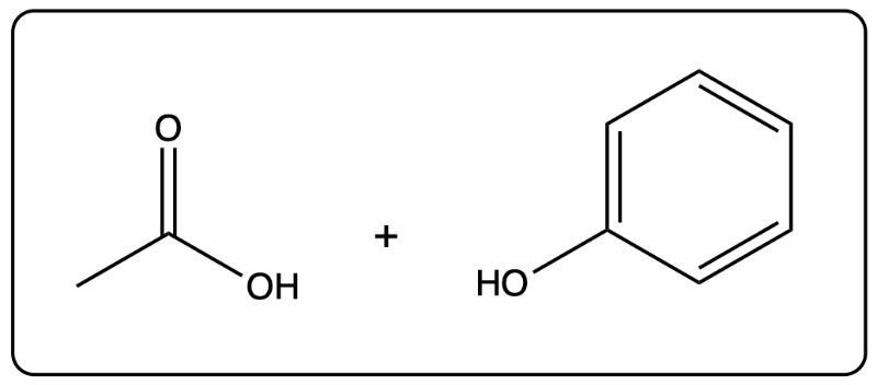 Chemical structures of acetic acid and phenol for acid-catalyzed hydrolysis.