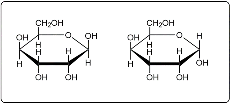 Cyclic structures of alpha and beta anomers of D-gulose in pyranose form.