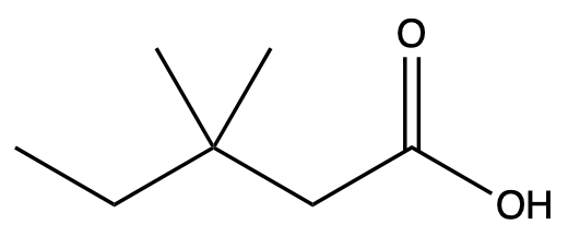 Chemical structure of 2,2-dimethylbutanoic acid for naming carboxylic acids.