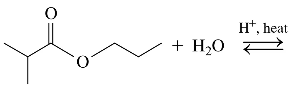 Condensed structural formulas showing ester hydrolysis with water, acid catalyst, and heat indicated.