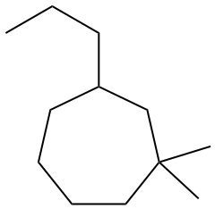 Structure of 1,1-methyl-3-propylcycloheptane for naming exercise.